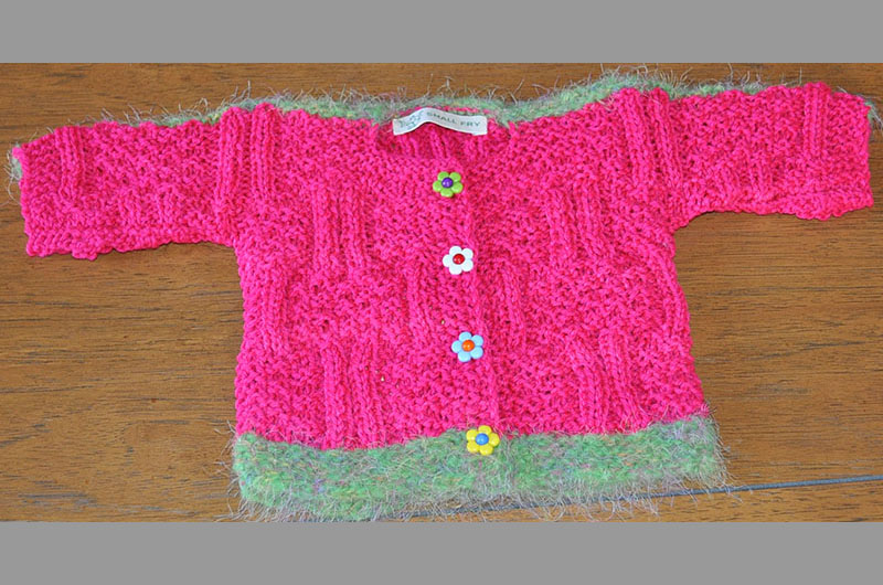 Bright pink with two wide light green stripes