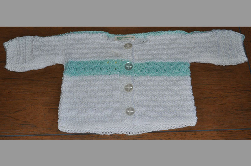 White with light teal stripes