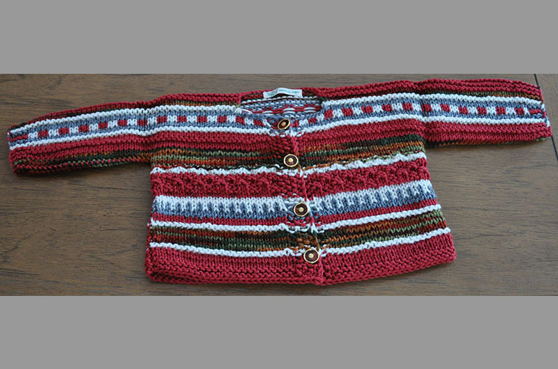 Burgandy with dark multi color stripes